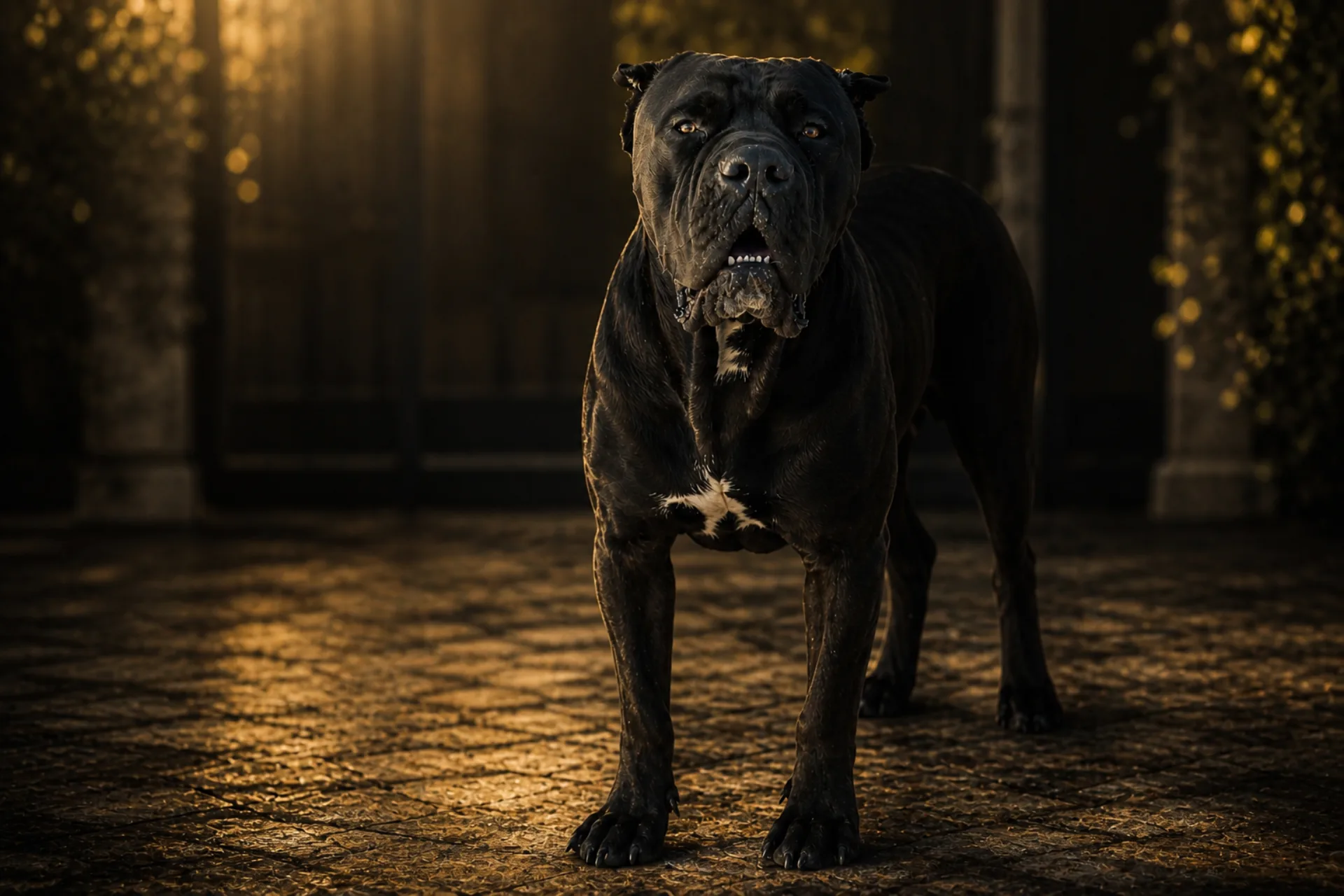 Cane Corso negro guardián en pórtico iluminado